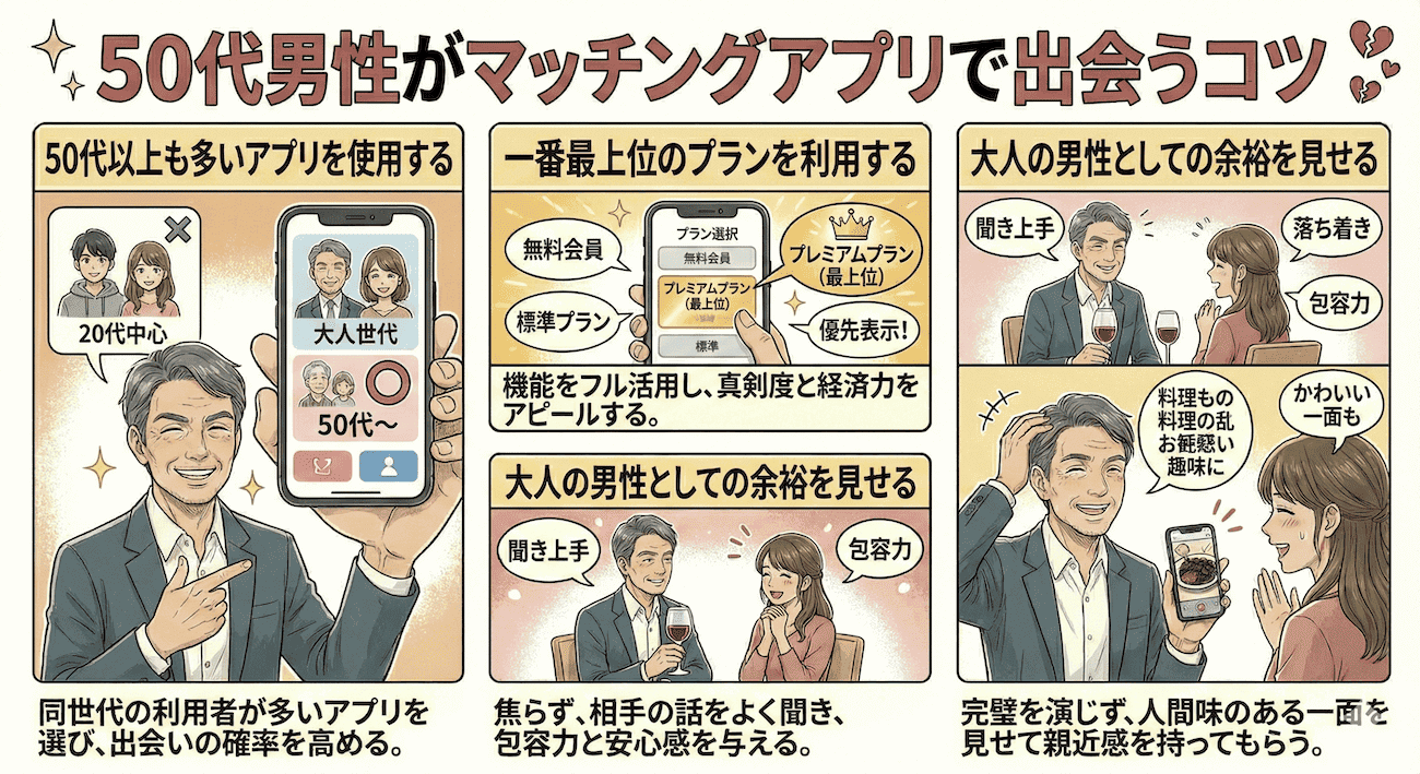 50代男性がマッチングアプリで出会うコツ