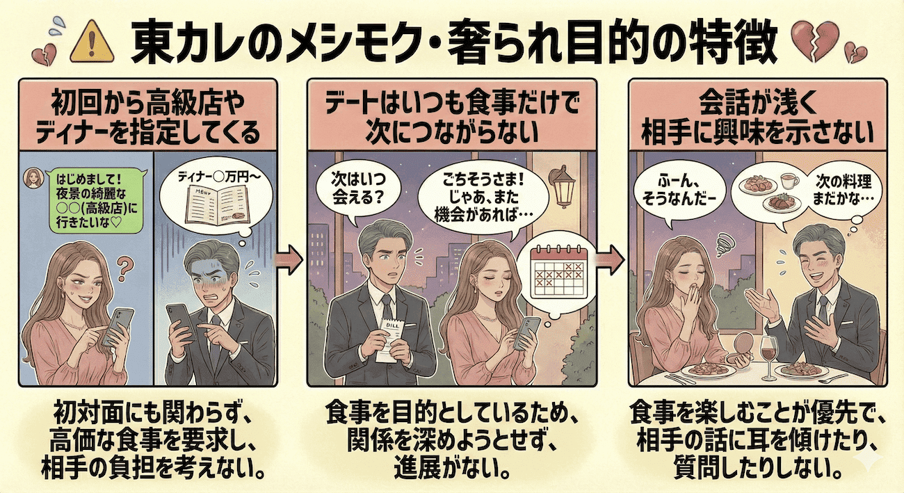 東カレデートの女性の要注意人物｜メシモク・奢られ目的