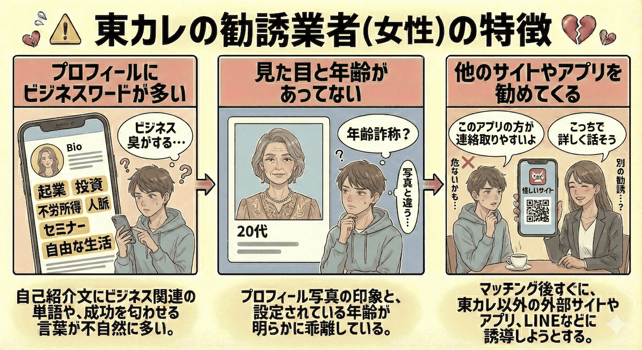 東カレデートの女性の要注意人物｜勧誘業者