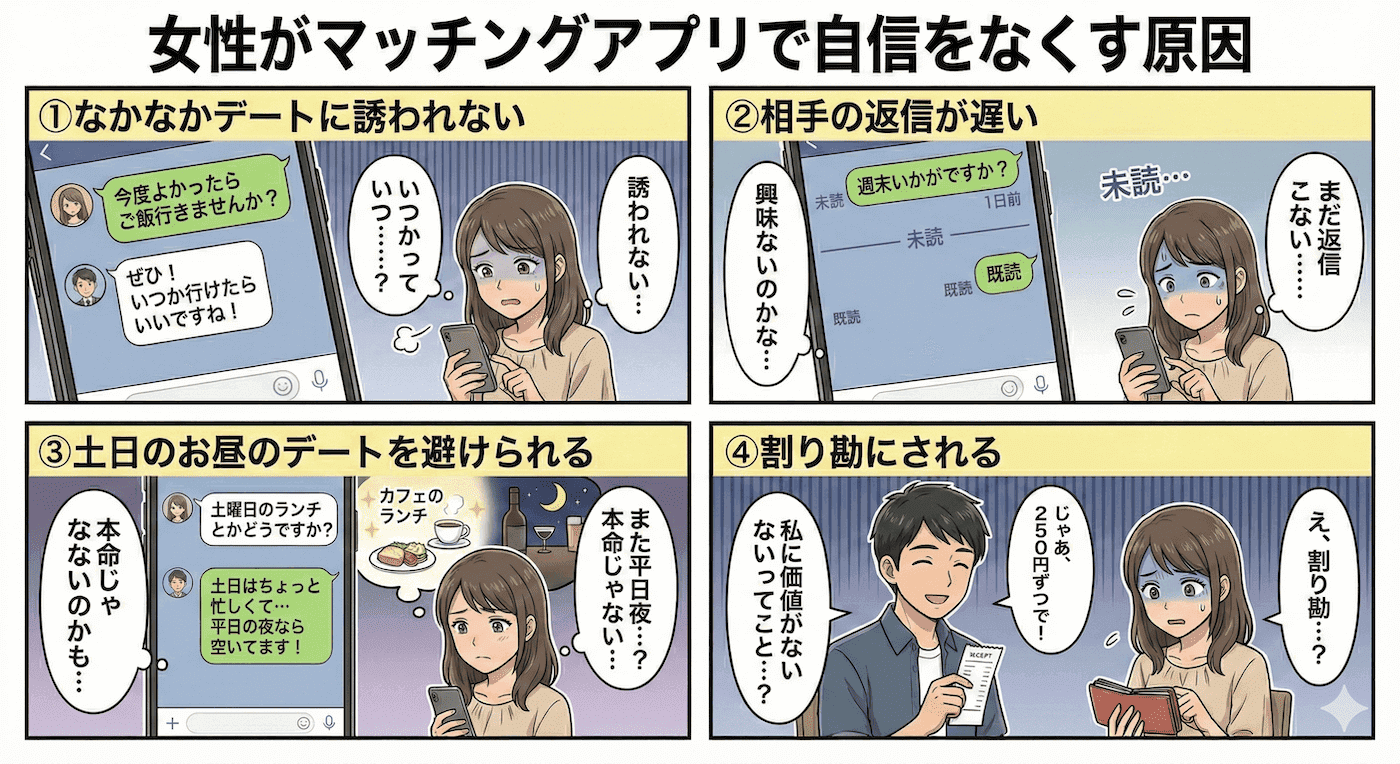 女性がマッチングアプリで自信をなくす原因