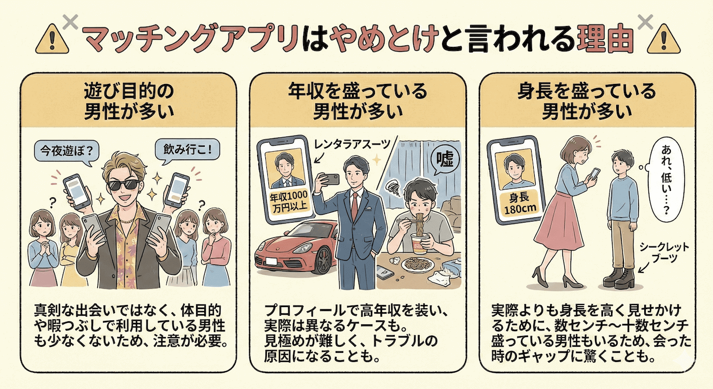 マッチングアプリはやめとけと言われる理由｜遊び目的や年収詐欺の男性が多い